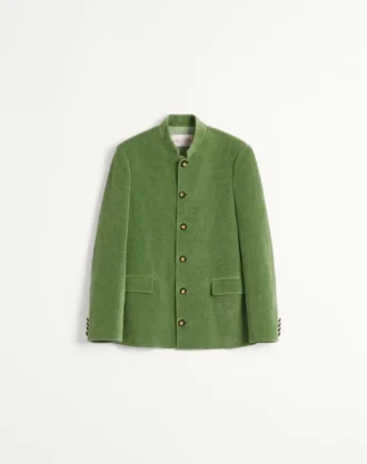 Chaqueta de terciopelo de algodón y lino lavado con cuello mao.