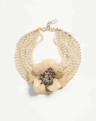 Collar Fleur Lumineuse en metal, esmalte, perlas y tela
