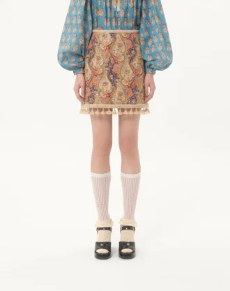 Falda bordada sobre piqué con estampado Paisley Voyage Imaginaire