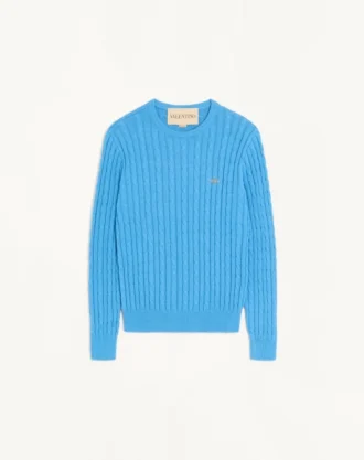 Jersey de cuello redondo de algodón con trenzado de Valentino y logotipo V en el pecho